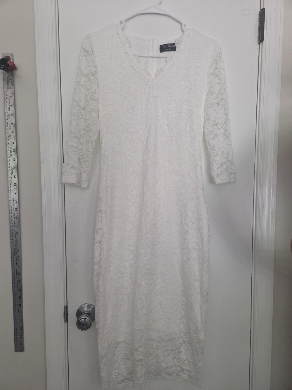 Curlbiuty Cream Lace Midi Dress Medium V-Neck 3/4 Sleeve